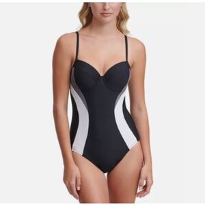 DKNY Colorblocked Tummy-Control Underwire One-Piece Swimsuit Blk 14 NWT $108